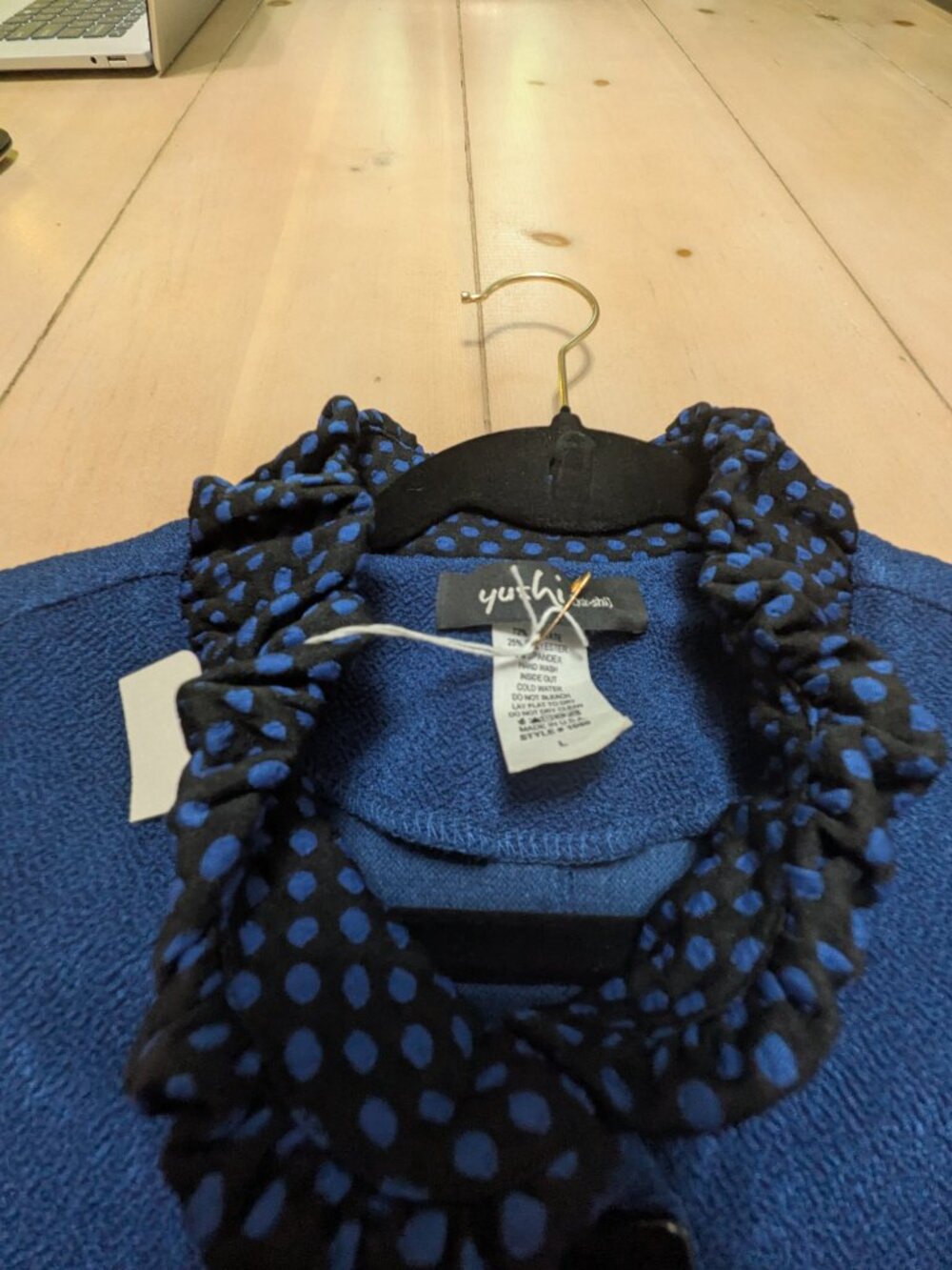 Yushi Blue Textured Swing Jacket Polka-Dot Ruffle Collar Made in USA, Size L - Picture 6 of 8